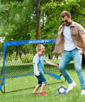 Two Pop Up Kids Soccer Goals For Backyard Practice Set 6x4 Ft And 4x3 Ft With Soccer Ball Pump 10 Cones And Ground Stakes Portable Training Gear For Ages 3 Through 16 Great Gift used in backyard with child and adult playing.