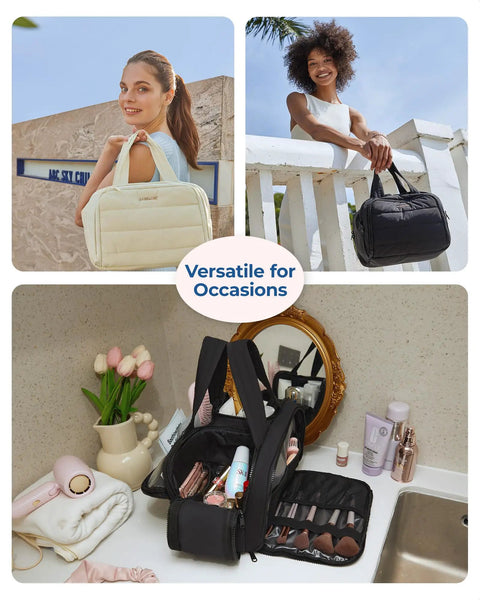 Ultra Lightweight Puffy Travel Toiletry Bag With Handle in black, shown on railing and open with toiletries near vanity
