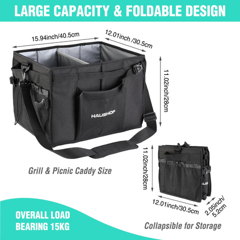 Large Grill And Picnic Caddy With Paper Towel Holder And Condiment Pockets Foldable Bbq Organizer shown unfolded and folded
