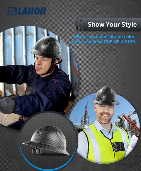 Worker wearing Full Brim Hard Hat For Worksite Safety OSHA Approved Construction Helmet In Charcoal Gray FRP Safety Gear