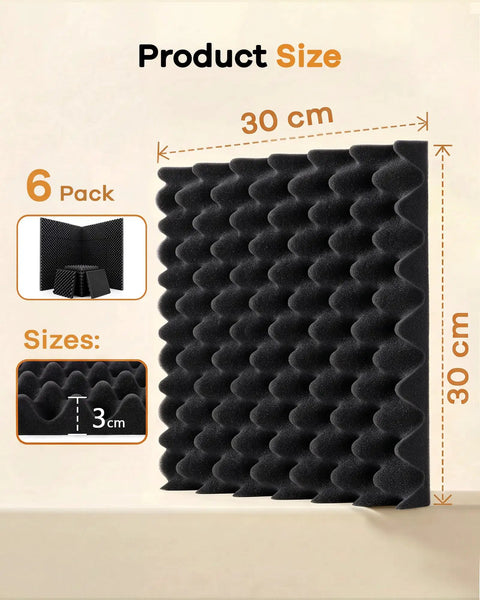 Upgraded Acoustic Egg Crate Foam Panels For Home Studios, Fire Retardant Wall Sound Dampening Tiles, Heavy Duty Noise Reduction Acoustic Foam, Solid Room Upgrade, Straight Up Quiet Vibes, 6 Pack; showing size 30x30cm.