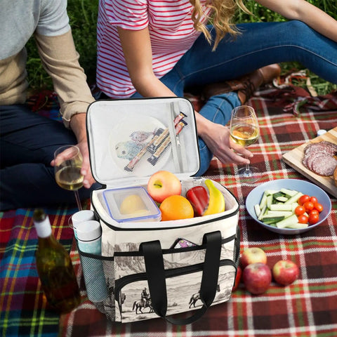 Desert Cowboys Insulated Lunch Bag With Shoulder Strap For Picnics Hikes Camping And Work On The Go 15L Capacity on picnic blanket
