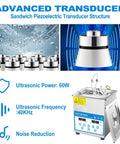 Ultrasonic Jewelry Cleaner With Digital Timer And Heater 40 KHz 2L Capacity showcasing advanced transducer and noise reduction features