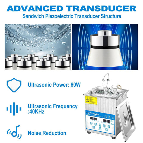 Ultrasonic Jewelry Cleaner With Digital Timer And Heater 40 KHz 2L Capacity showcasing advanced transducer and noise reduction features
