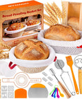 All In One Sourdough Starter Kit With 9 Inch Round And 11 Inch Oval Banneton Proofing Baskets Nonstick Liners Covers Whisk Dough Scraper Lame Temperature Probe And 39 Piece Bake Tool Set For Home Bakers displayed with bread
