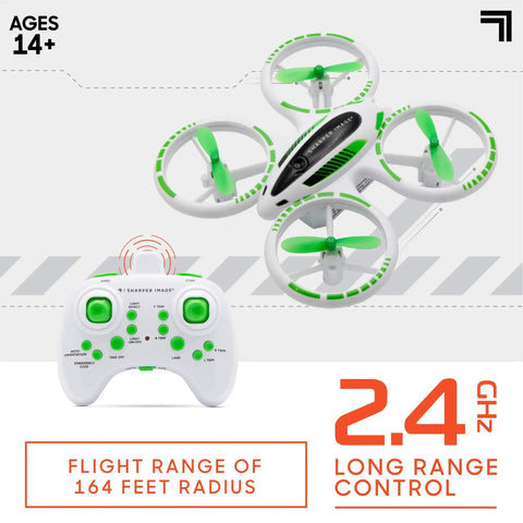 Glow Up Mini RC Drone With LED Lights For Kids And Beginners, 2.4 GHz Quadcopter and joystick remote shown with flight range details