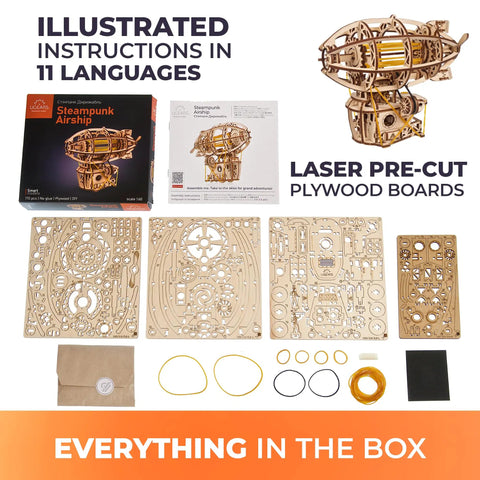 Steampunk Airship 3D Wooden Puzzle for Adults With Start Stop Switch, parts displayed with box and instructions.