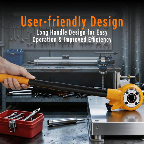 Heavy Duty Ratchet Pipe Threader Kit With Six NPT Dies One Quarter Inch Three Eighths Inch One Half Inch Three Quarters Inch One Inch And One And A Quarter Inch Threading Dies Durable 9SiCr Steel Tool For Galvanized Iron Copper And Aluminum Pipes with long handle displayed on workbench