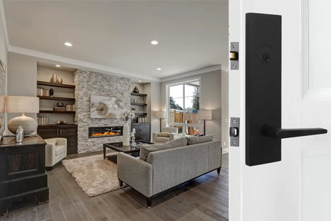 Addy Entry Handle With Philtower Lever For Reversible Left Or Right Hand Doors shown on a white door opening to a living room