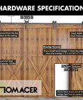 Hardware specifications for Black Rustic Single Track Bypass Sliding Barn Door Hardware Kit For Three Doors with detailed measurements.