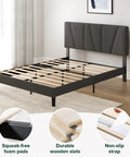 Straight Up Comfy Premium Upholstered Queen Bed Frame Featuring A Bold Asymmetric Headboard And Iron Clad Steel Base For A Seamless Setup Construction with wooden slats and foam pads.
