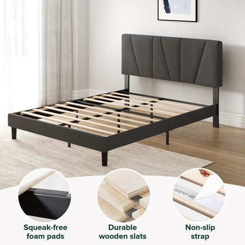 Straight Up Comfy Premium Upholstered Queen Bed Frame Featuring A Bold Asymmetric Headboard And Iron Clad Steel Base For A Seamless Setup Construction with wooden slats and foam pads.