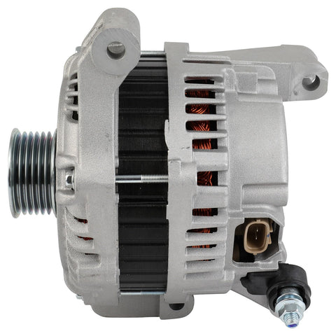Side view of High Output 110Amp 12V Alternator For Mazda 5 2.3L 2008 2009 2010 With CW 6-Groove Pulley Beefed-Up Replacement Premium CNC Castings