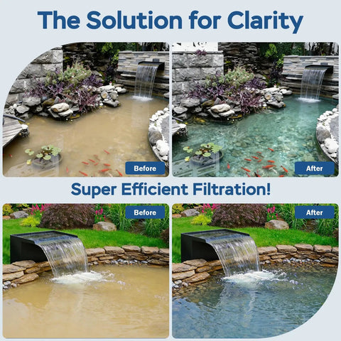 Before and after using All-In-One Pond Waterfall Kit With LED Light, 18-Inch Stainless Steel Spillway, 800 GPH Pump, Outdoor Water Feature