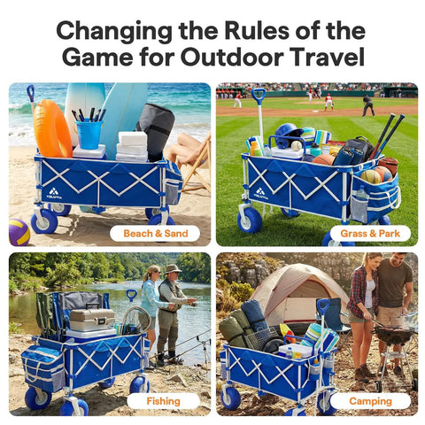 All Terrain Beach Wagon with Big 9 Inch Balloon Wheels for Sand and Grass 400 lb Heavy Duty Collapsible Cart in blue