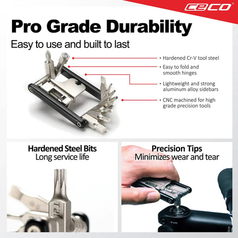 Ultra Slim 17 Function Bike Tool With Chain Breaker showing CRV 6150 steel, folding design, precision tips, and durability features.