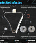 Workhorse Timing Chain Kit With Heavy Duty Sprocket Gears No Sweat Swap For L4 1.4L And 1.6L Engines Rock Solid Performance For Buick Encore Cruze Sonic Trax showing components including alloy timing chain, guide rails, and sprockets.