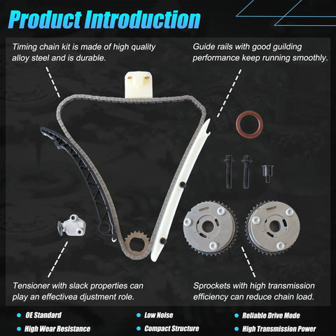 Workhorse Timing Chain Kit With Heavy Duty Sprocket Gears No Sweat Swap For L4 1.4L And 1.6L Engines Rock Solid Performance For Buick Encore Cruze Sonic Trax showing components including alloy timing chain, guide rails, and sprockets.