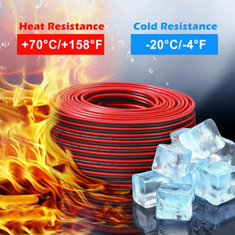 Premium 20 Gauge OFC Copper Wire 100 Ft Red Black Two Wire Low Voltage Cable showing heat and cold resistance with flames and ice cubes.