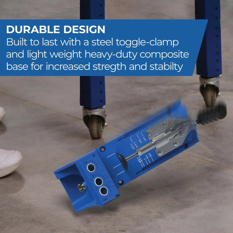 K4 Pocket Hole Jig with adjustable drill guides on concrete floor showing durable design with steel toggle clamp.