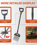 Heavy Duty Broad Fork Garden Tool With 5 Plus 4 Sharp Tines, Ergonomic Handles, spading action and design details