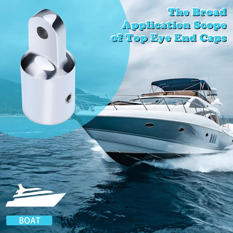 Marine Grade 316 Stainless Steel Eye End Caps For Seven Eighths Inch Tubes, heavy duty fittings shown near boat on water