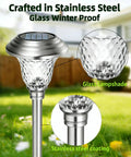 Four Pack Solar Pathway Lights With White And Color Changing Multicolor Glass Shades, Stainless Steel design in garden setting