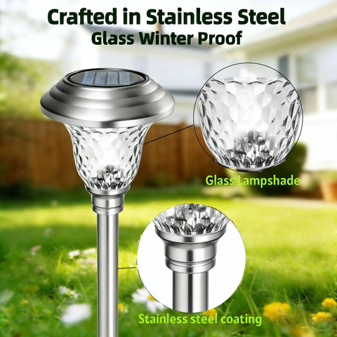 Four Pack Solar Pathway Lights With White And Color Changing Multicolor Glass Shades, Stainless Steel design in garden setting