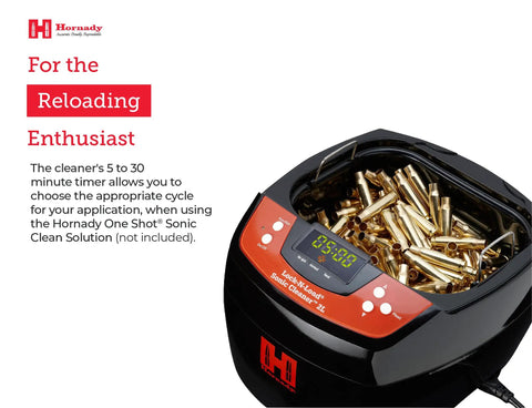 Top Shelf 80 Watt Heated Ultrasonic Case Cleaner 2 Liter Tank with timer and brass cases inside for effective cleaning.