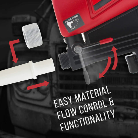 Close-up of Gravity Feed Sand Blaster Kit For Air Compressor Portable Pro Grade Blaster with media flow control knob and nozzle