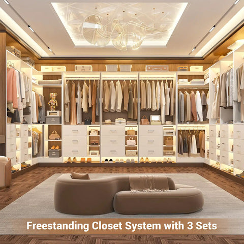 Legit Heavy Duty L Shaped Closet System With Six Roomy Drawers Plus Four Sturdy Hanging Rods Corner Tower Module For Walk In Wardrobe Setup Hassle Free Modular Storage Rack In Crisp White in an elegant setting.