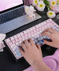 Cute Bubble Cat Wireless Mechanical Keyboard Hits Different With Creamy 75 Percent Layout, pink keys, hands typing, ergonomic design.