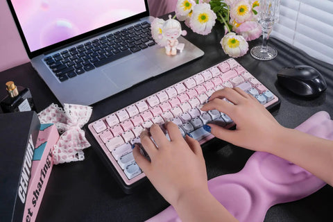 Cute Bubble Cat Wireless Mechanical Keyboard Hits Different With Creamy 75 Percent Layout, pink keys, hands typing, ergonomic design.
