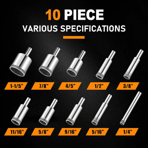 10 Piece Diamond Drill Bit Set For Glass Tile Ceramic Marble And Granite With Precision Diamond Cutting For Hard Materials Pro Grade
