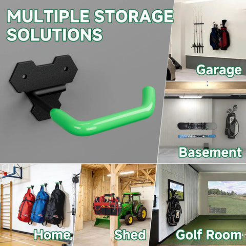 Two Pack Wall Mount Full Size Golf Bag Hangers For Garage Setup Space Saving Storage Heavy Duty Steel Golf Bag Holder in various locations