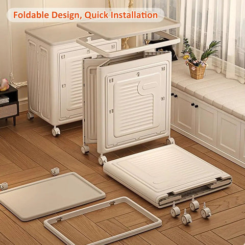 Roomy Foldable Clothes Storage Bin With Tight Seal Lid And Easy Roll Wheels, 125 Quart Heavy Duty Closet Organizer with parts displayed.