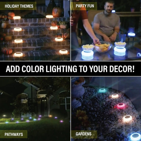 8 Pack Solar Disk Pathway Lights With Stakes, Waterproof Outdoor LED Disk Lights, 10 Color Options, 3 Lighting Modes, Easy Install for Gardens, Walkways, Patios and Driveways