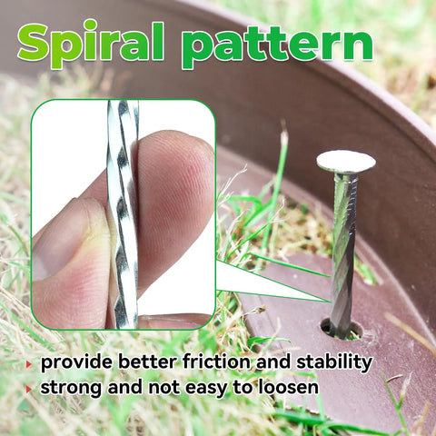 Close-up of spiral design on Heavy Duty 6.3 Inch Galvanized Landscape Stakes Spiral Metal Turf Spikes in ground use.