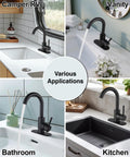 Single Hole Bar Sink Faucet Matte Black With 360 Degree Swivel Spout in Camper RV, Vanity, Bathroom, and Kitchen settings