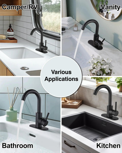 Single Hole Bar Sink Faucet Matte Black With 360 Degree Swivel Spout in Camper RV, Vanity, Bathroom, and Kitchen settings