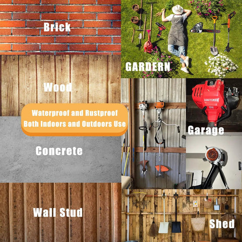 Image showing various mounting surfaces like brick, wood, concrete for Four Pack Weed Trimmer Hanger Set With Stainless Steel Screws