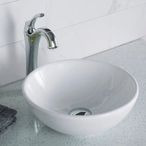 Round Vessel White Porcelain Ceramic Bathroom Sink 14 Inch Durable Scratch Resistant Nonporous Glazed Finish Easy To Clean