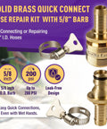 Garden Hose Repair Kit With Inline Quick Connect Fittings For Five Eighth Inch Hose Splice Kit With Male And Female Quick Connectors Includes 2 No Tool Needed Hose Clamps For Easy Leak Free Repairs, solid brass fitting and clamps visible.