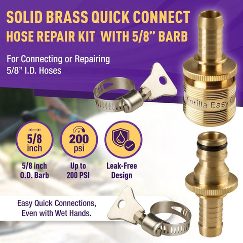 Garden Hose Repair Kit With Inline Quick Connect Fittings For Five Eighth Inch Hose Splice Kit With Male And Female Quick Connectors Includes 2 No Tool Needed Hose Clamps For Easy Leak Free Repairs, solid brass fitting and clamps visible.