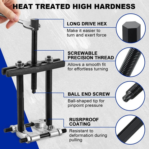 Diagram of 5 Ton Bearing Puller Set With 2 Inch And 3 Inch Jaws Beefy Heavy Duty Bearing Separator And Wheel Hub Axle Puller Pinion Wheel Bearing Removal Kit 14 Piece Splitter Tool Kit For Auto And Truck Maintenance showing features like long drive hex and ball end screw.