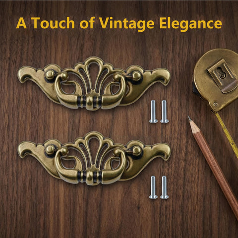 Antique Brass Bail Drawer Pulls Set, 6 Pack, Vintage Zinc Alloy Cabinet Handles With Screws on wooden surface
