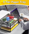 Three Tier Paper Organizer Tray With Handle Mesh Letter Tray on a desk beside a laptop and coffee cup