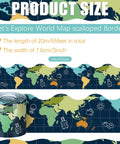 65 Foot World Map Bulletin Board Border With Scalloped Edges Rolled Border Trim for Classroom Decor, showing map design and dimensions
