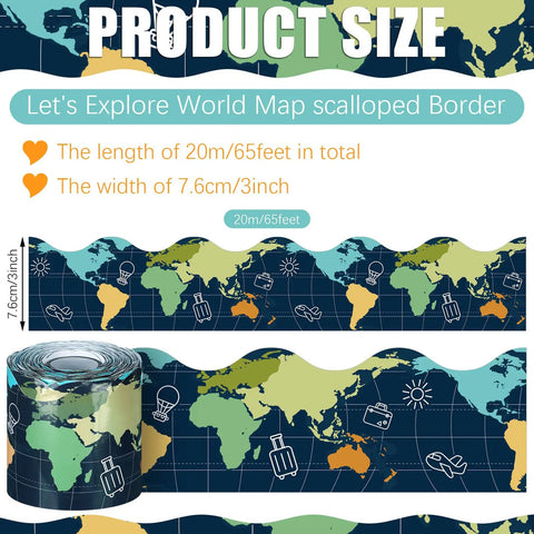 65 Foot World Map Bulletin Board Border With Scalloped Edges Rolled Border Trim for Classroom Decor, showing map design and dimensions