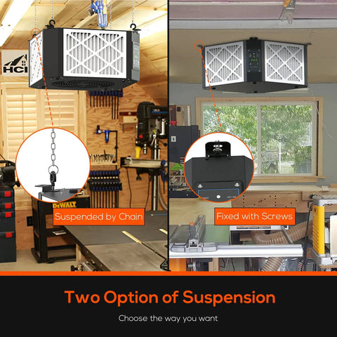 360 Degree Filtration System For Woodworking With Vortex Fan And 1050 To 1350 CFM Dual Speed Hanging Dust Collector suspended by chain and screws in a woodshop